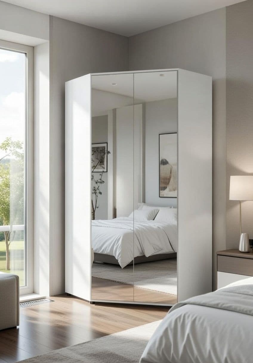 Santino white corner wardrobe with mirrored doors, hanging rails, and shelving for space-saving storage in modern bedrooms.