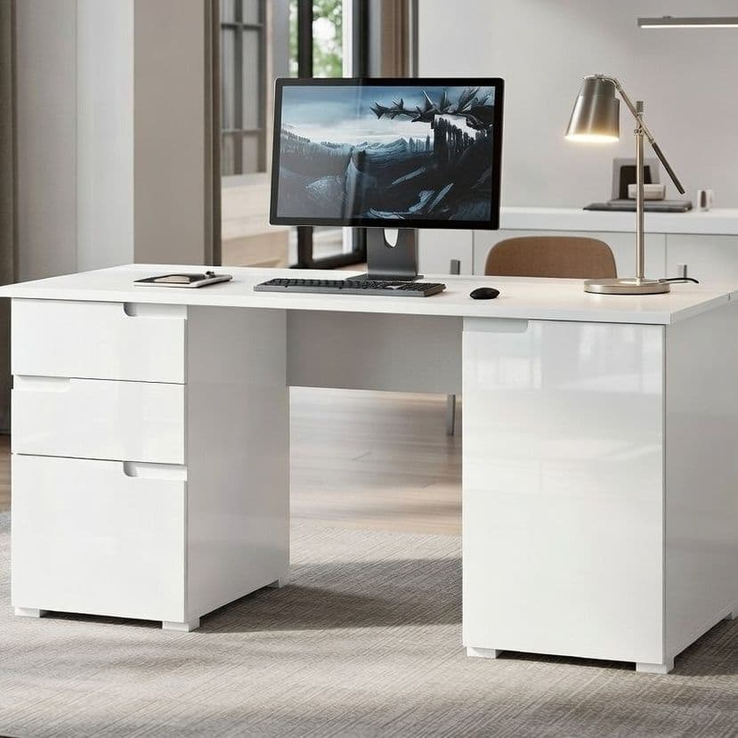 Large white gloss computer desk by Lavish Kitchen Isle featuring storage drawers and cupboards for modern office use.
