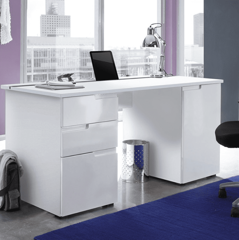 Arctic Elegance Large White Gloss Computer Desk Modern Office Desk with Storage Drawers and Cupboards
