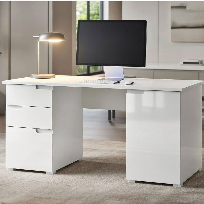 Large white gloss computer desk by Lavish Kitchen Isle with storage drawers and cupboards for modern office setup.