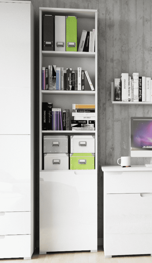 Lavish Kitchen Isle Arctic Elegance tall narrow 6-tier bookcase with white gloss door, modern storage shelving unit.