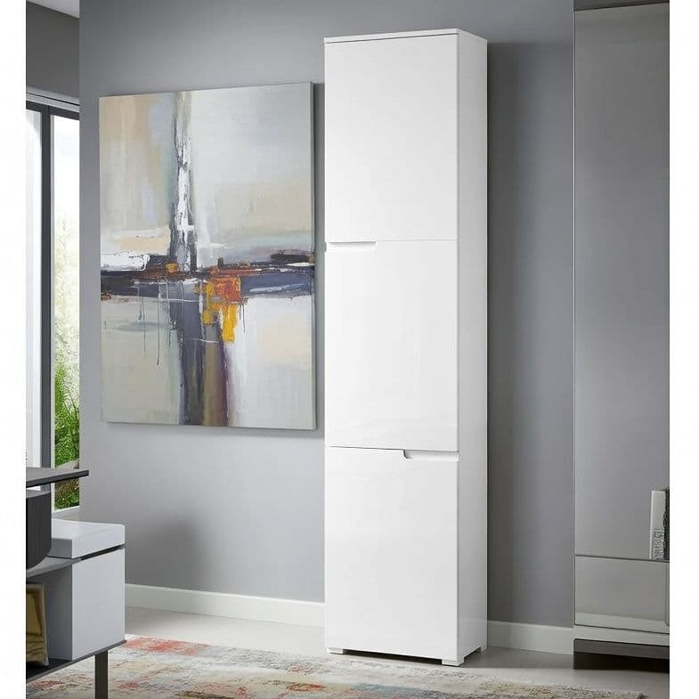 Lavish Kitchen Isle Arctic Elegance tall narrow bookcase with white gloss doors, modern shelving for living room or office storage.