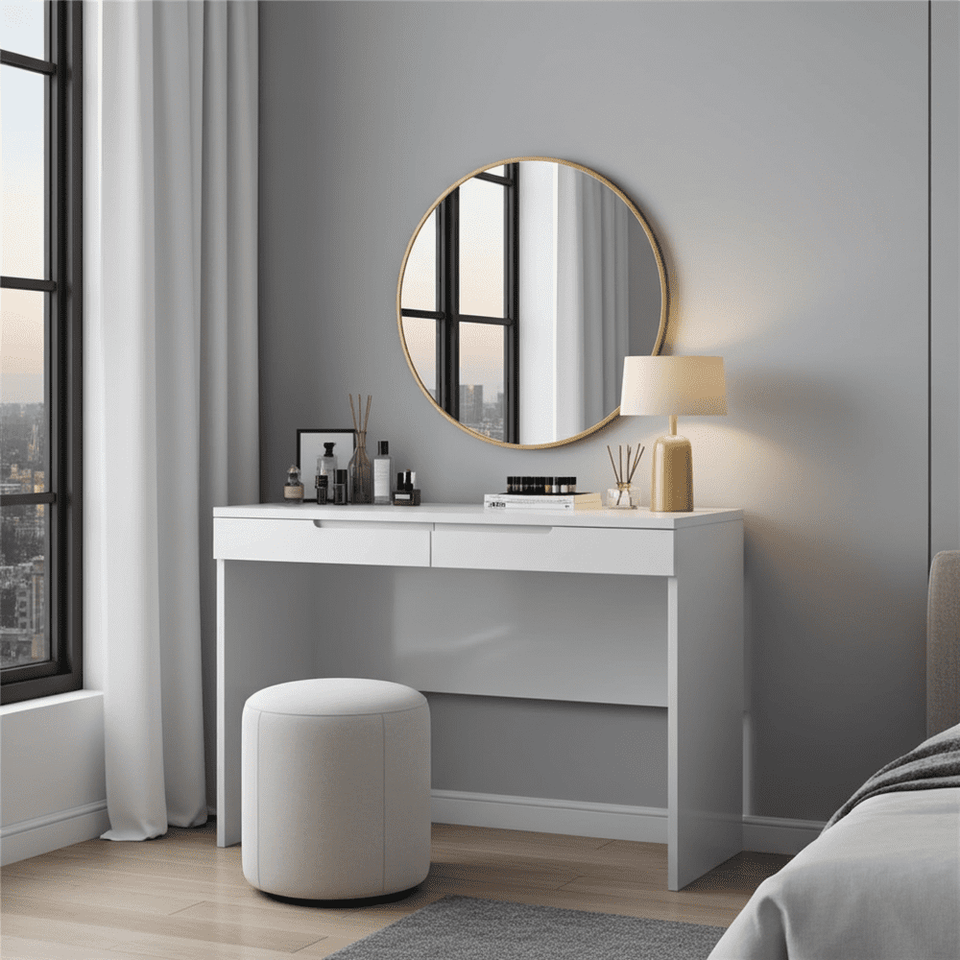 White high gloss 2-drawer office desk by Lavish Kitchen Isle with modern design, suitable for home or workspace.