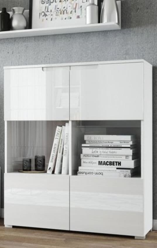 Santino white gloss display cabinet with glass doors and shelves, ideal for living and dining room storage by Lavish Kitchen Isle
