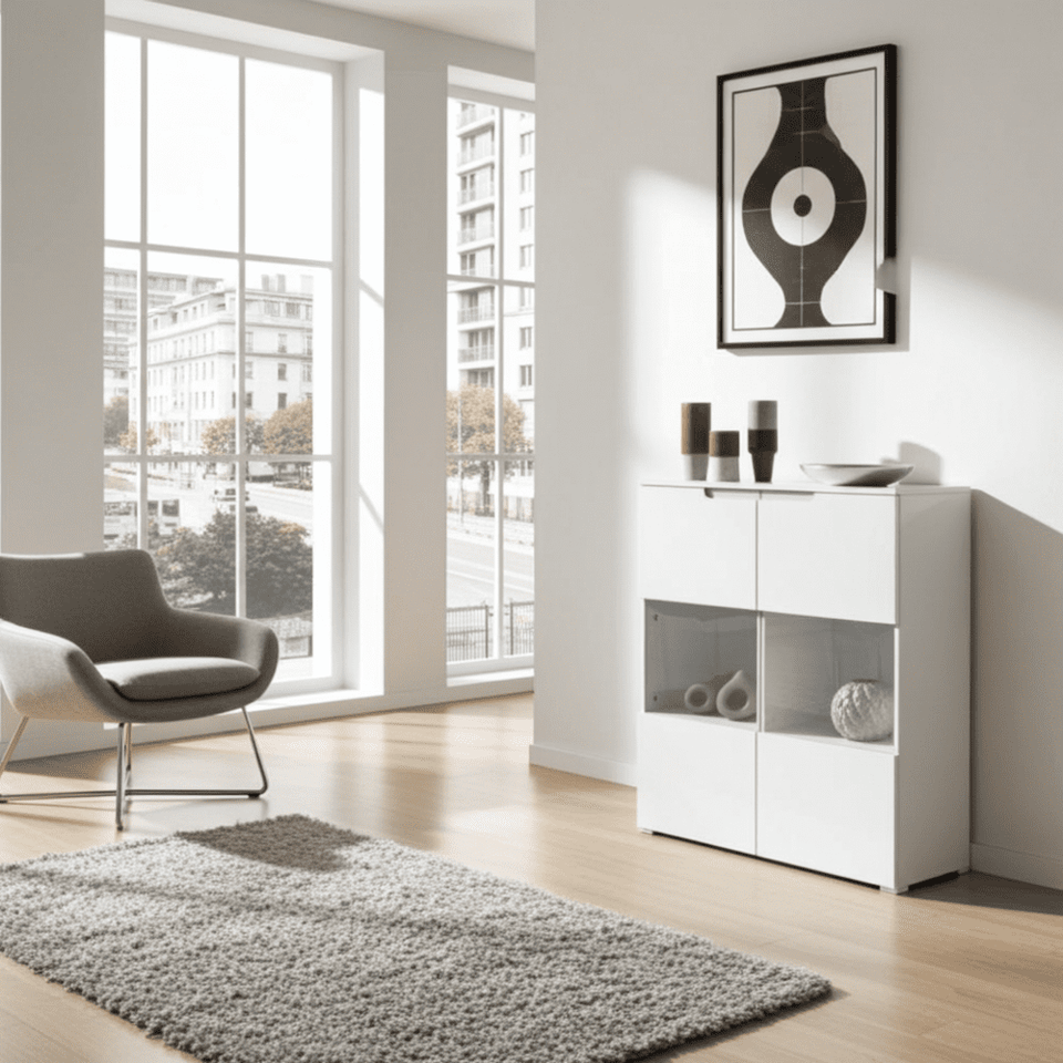 Lavish Kitchen Isle Arctic Elegance white gloss display cabinet with glass doors and shelves for living and dining room storage.