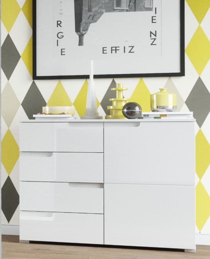 White high gloss narrow sideboard cabinet by Lavish Kitchen Isle with sleek storage for living and dining rooms.