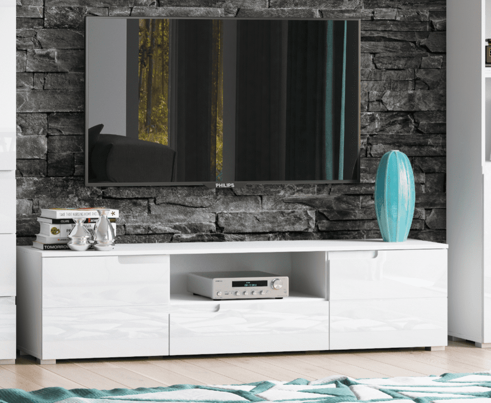 Lavish Kitchen Isle Arctic Elegance White High Gloss TV Stand with doors and drawer, modern entertainment storage cabinet.