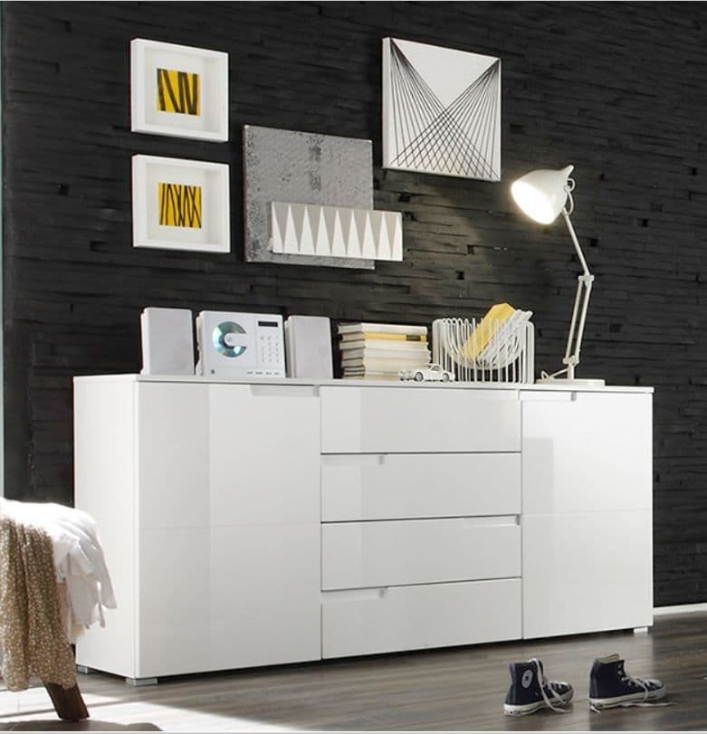 Lavish Kitchen Isle Arctic Elegance white high gloss wide sideboard with 4 drawers and 2 doors for living and dining room storage.