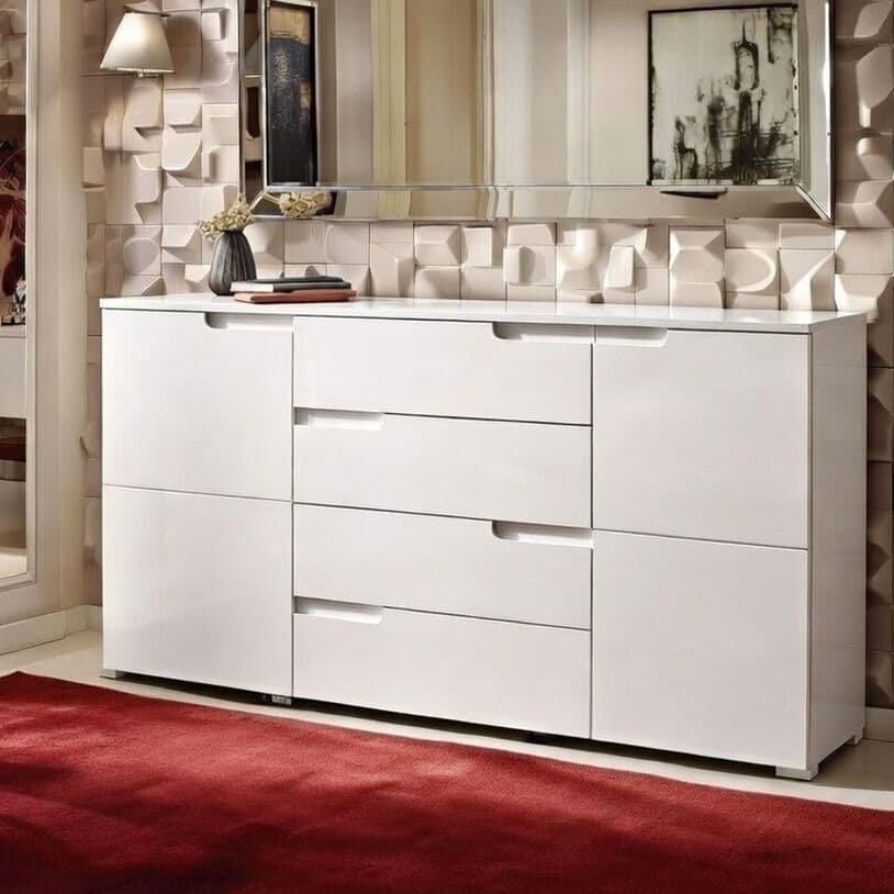 Lavish Kitchen Isle Arctic Elegance white high gloss wide sideboard with 4 drawers and 2 doors, perfect for living and dining room storage.