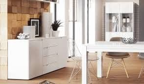 Lavish Kitchen Isle Arctic Elegance white high gloss wide sideboard cabinet with 4 drawers and 2 doors for living and dining rooms.