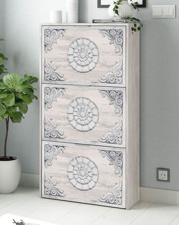 Aura Grey and White Oak Shoe Cabinet – Modern 18 Pair Shoe Storage with Carved Floral Design