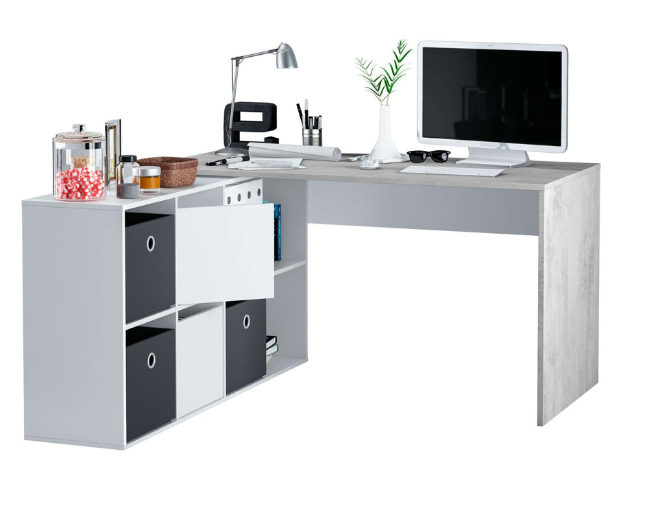 Large white and concrete grey FlexiCorner office desk by Lavish Kitchen Isle, designed for left or right corner setup.