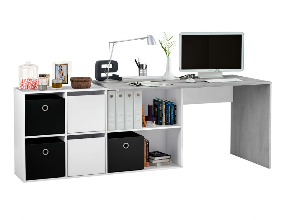 Large Verden FlexiCorner Office Desk in white and concrete grey, designed for left or right corner setup, by Lavish Kitchen Isle.