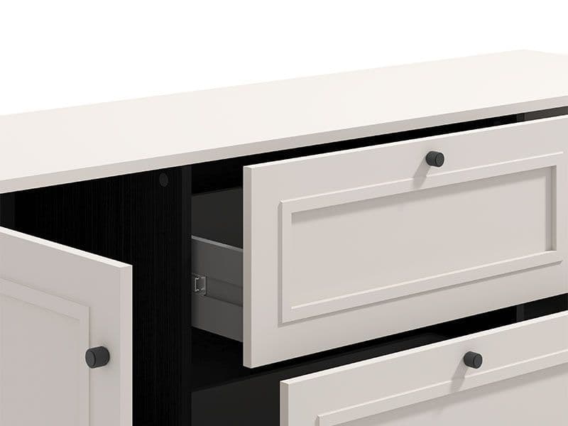 Modern taupe storage cabinet with shelves and drawers