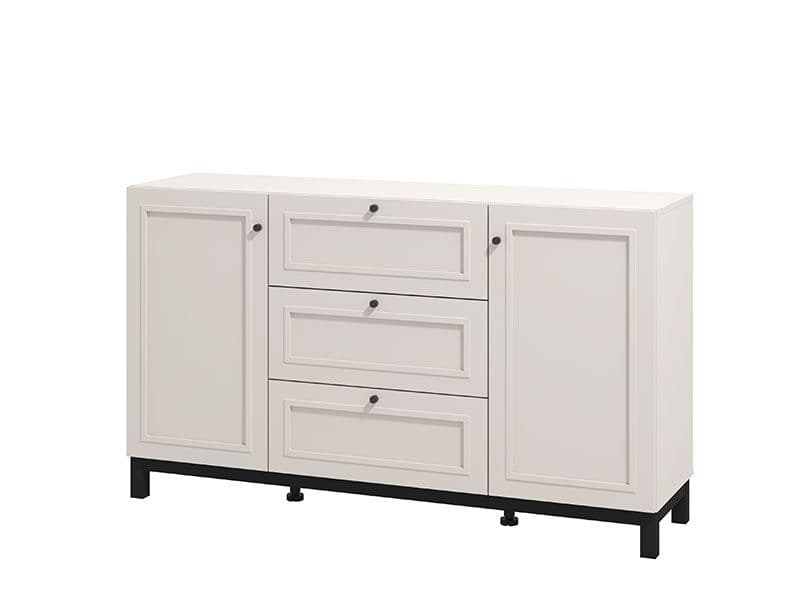 Modern taupe storage cabinet with shelves and drawers