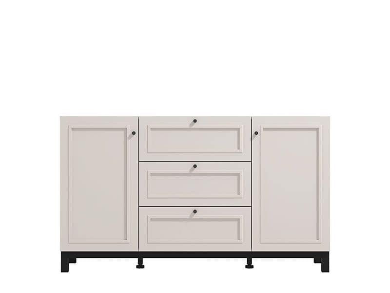 Modern taupe storage cabinet with shelves and drawers