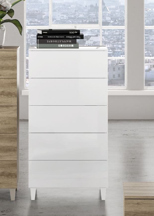 Lavish Kitchen Isle Ardent White Gloss Tall Chest of Drawers with 5 drawers, modern bedroom storage furniture on legs