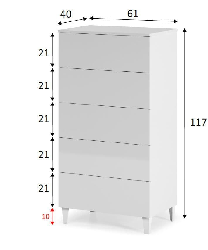 Lavish Kitchen Isle Ardent white gloss tall chest of drawers with five drawers and legs, ideal bedroom storage furniture.