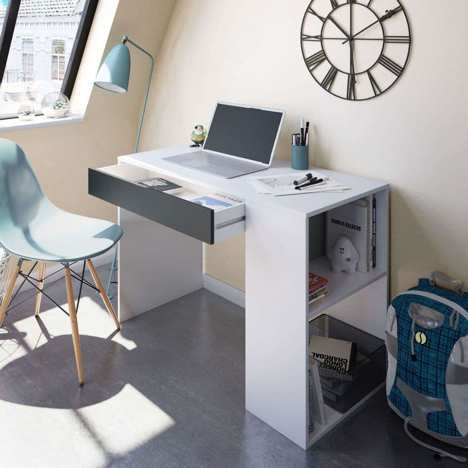 Lavish Kitchen Isle Arboris grey and white home office desk with drawer, shelves, and reversible legs for study or work space.