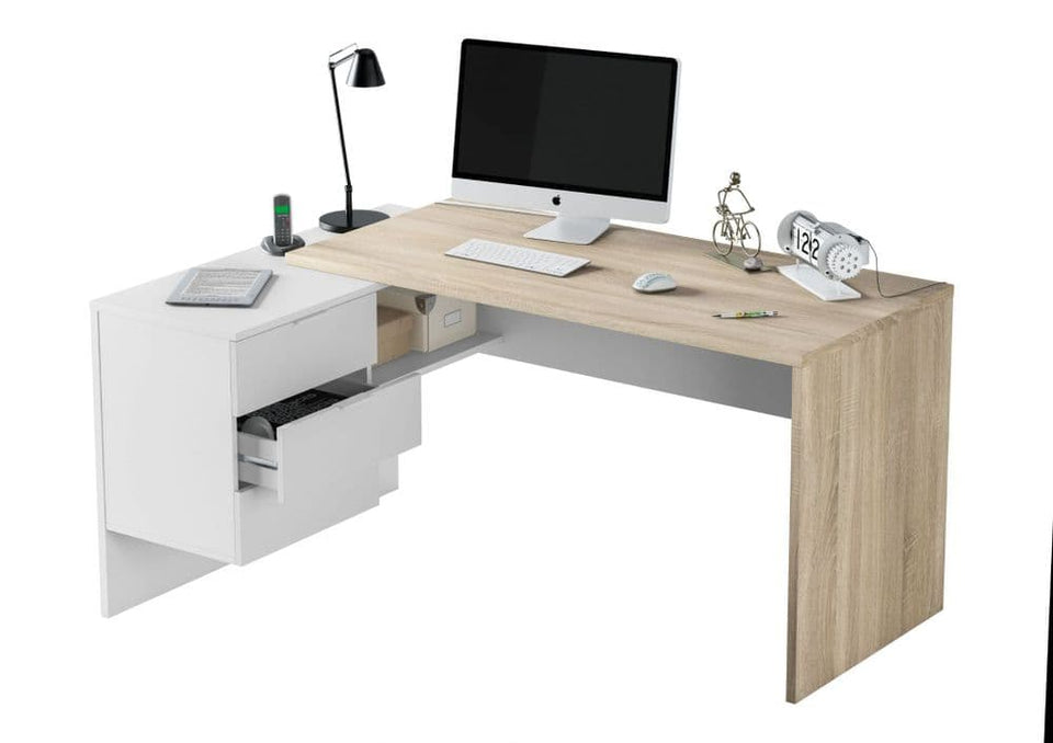 Calyx oak and white home office corner desk with storage, study table, and computer workstation by Lavish Kitchen Isle