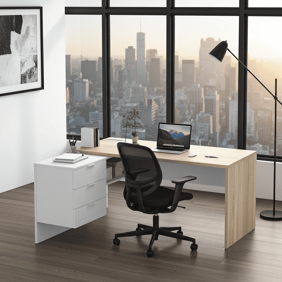 Calyx oak and white corner home office desk with study table, computer workstation, and built-in storage by Lavish Kitchen Isle