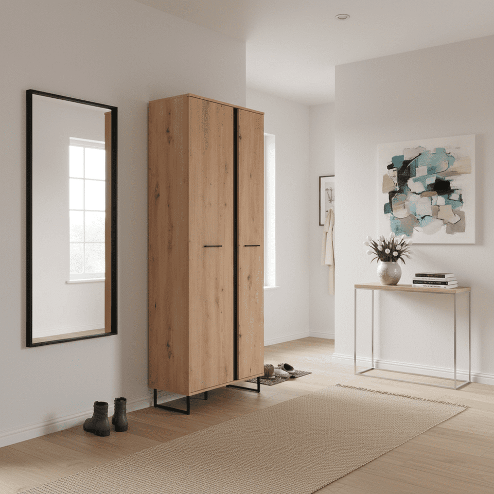 Lavish Kitchen Isle Thornelle Oak Effect Slim Wardrobe with two doors, hanging rail, and shelves for bedroom or hallway storage.