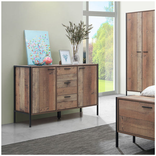 Rustic Industrial Sideboard Cabinet 2 Door  3 Drawer Buffet Storage Unit for Living and Dining Room Furniture
