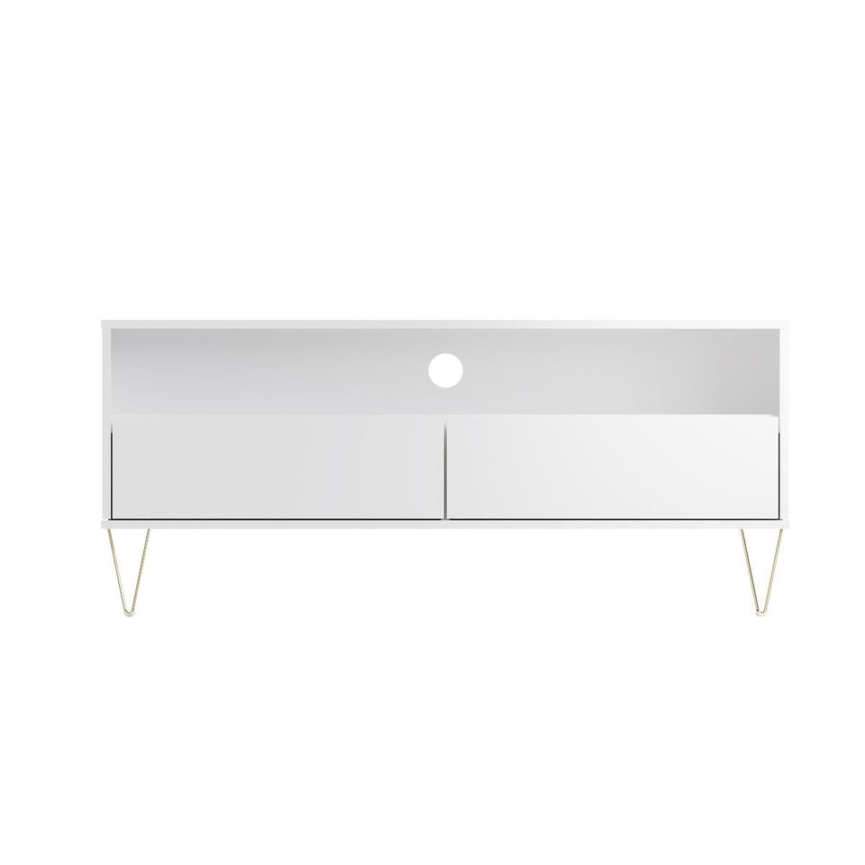 Fifi-Mo White TV Stand Cabinet Unit with 2 Drawers – Modern High Gloss TV Unit with Gold Legs