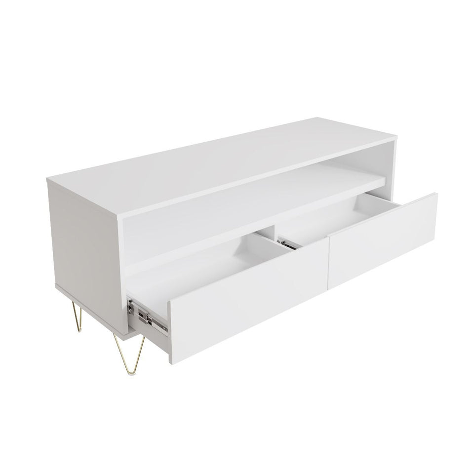 Fifi-Mo White TV Stand Cabinet Unit with 2 Drawers – Modern High Gloss TV Unit with Gold Legs