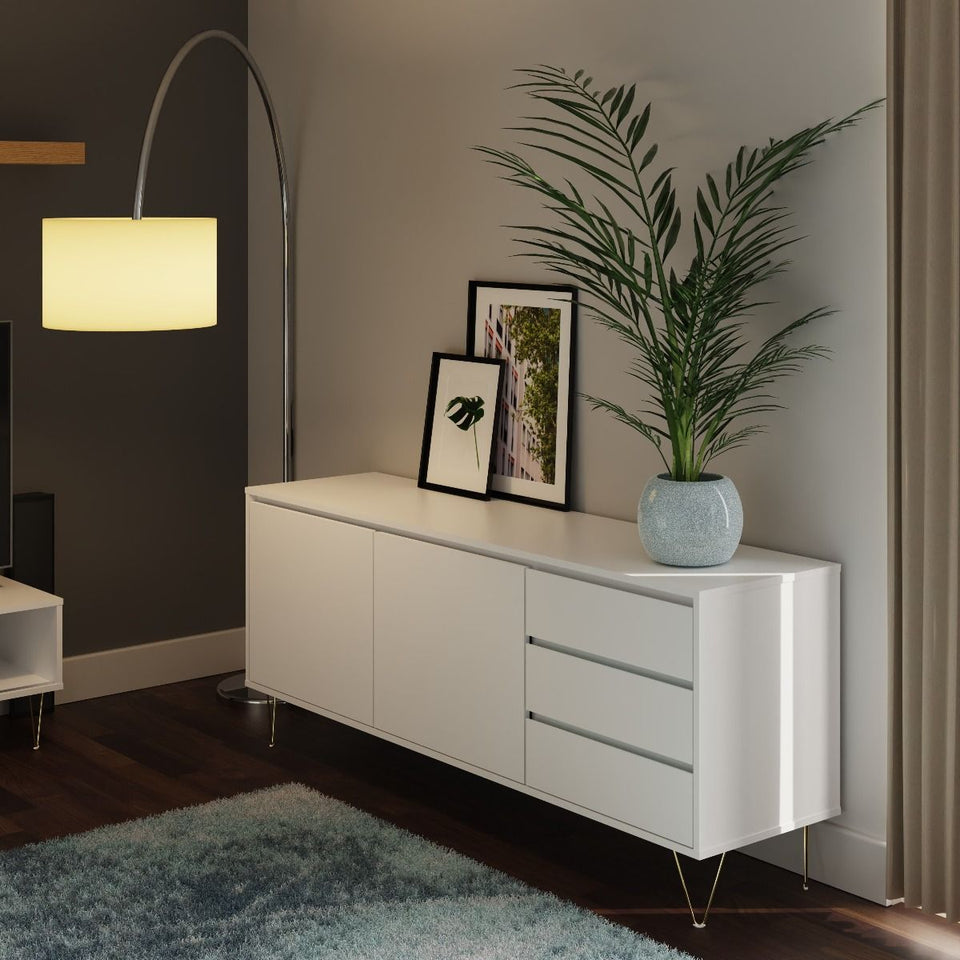 Fifomi White Sideboard Cabinet with 2 Doors & 3 Drawers – Modern Gold Leg Design