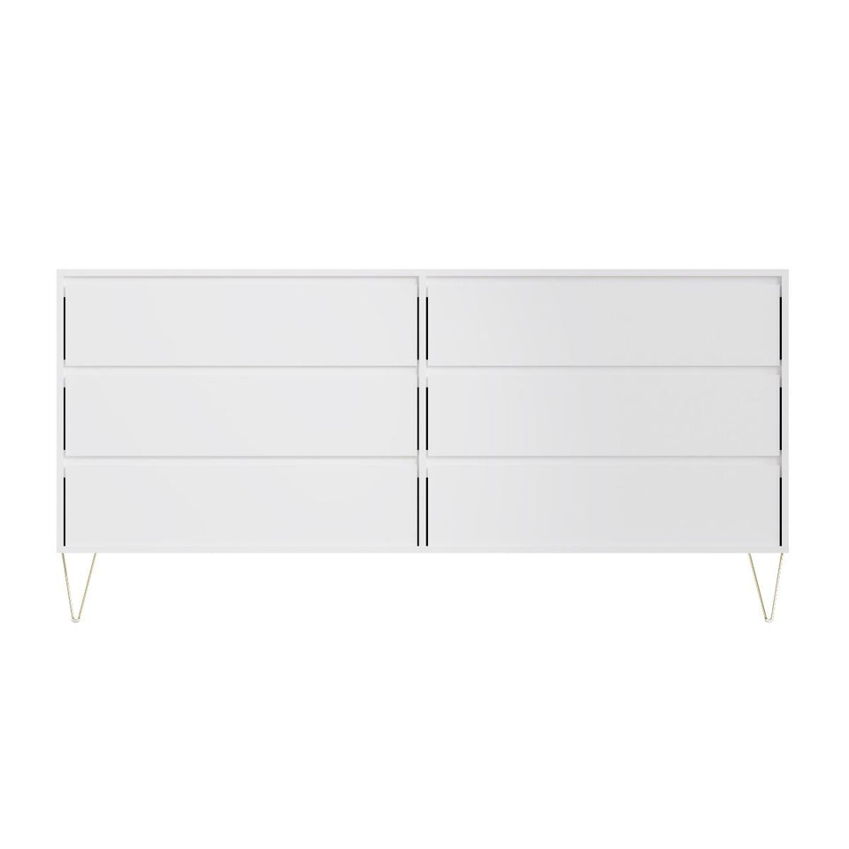 Fifi-Mo 6 Drawer Chest of Drawers Modern White Bedroom, Living Room Furniture with Gold Legs