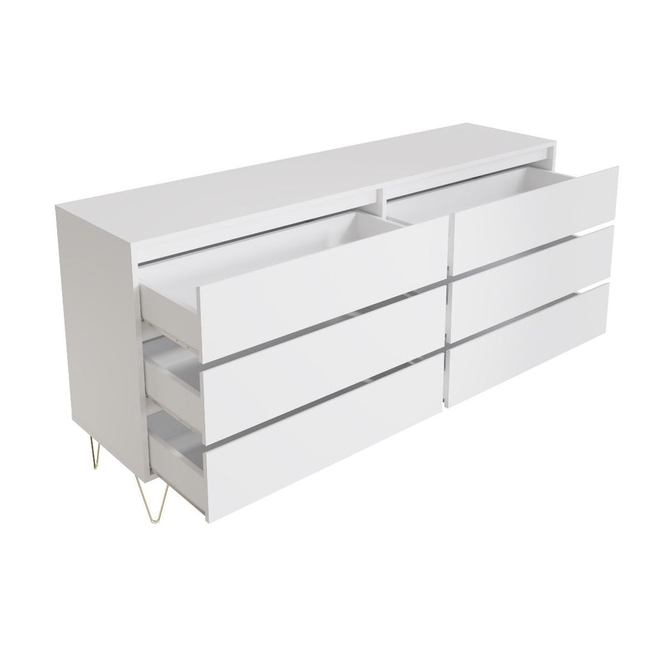Fifi-Mo 6 Drawer Chest of Drawers Modern White Bedroom, Living Room Furniture with Gold Legs