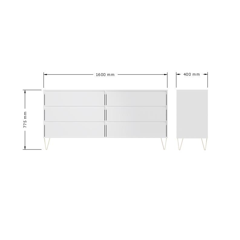 Fifi-Mo 6 Drawer Chest of Drawers Modern White Bedroom, Living Room Furniture with Gold Legs