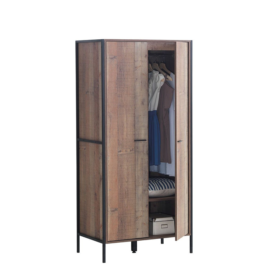 2 Door Wardrobe with Shelving Rustic Storage, Hanging Cupboard, Bedroom Furniture