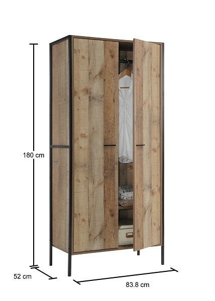 2 Door Wardrobe with Shelving Rustic Storage, Hanging Cupboard, Bedroom Furniture