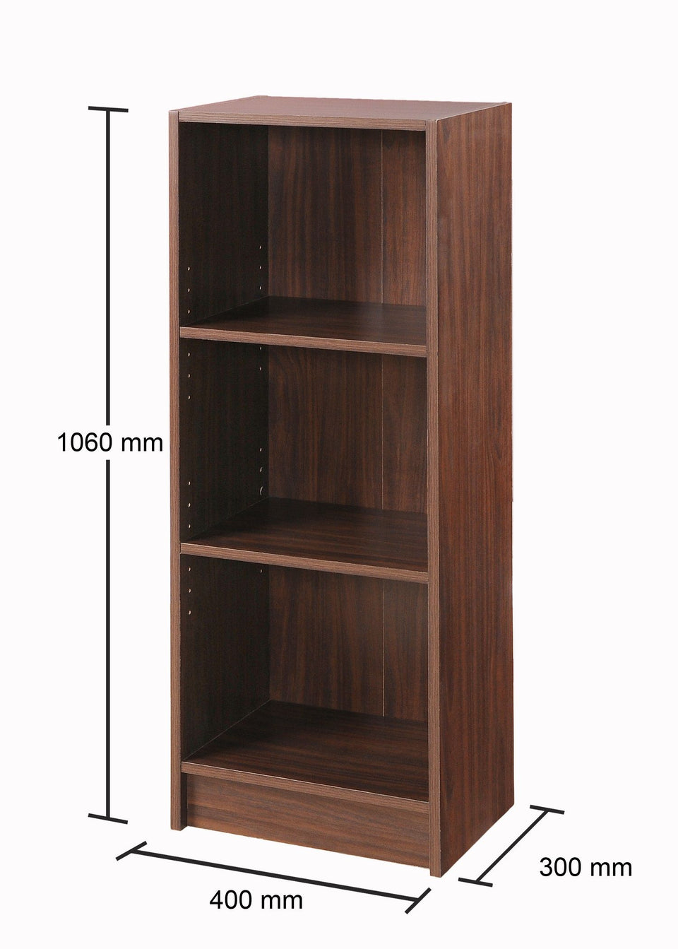 Medium Narrow Walnut Bookcase with 3 Adjustable Shelves – Slim Storage Unit