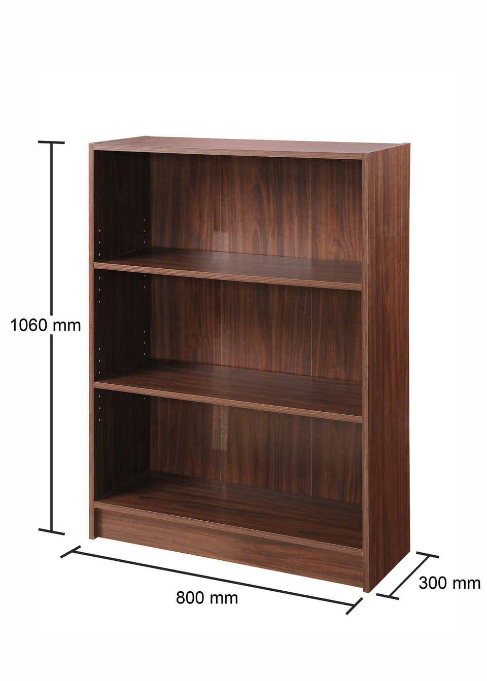 Low Wide Walnut Bookcase with 3 Adjustable Shelves – Modern Storage Unit
