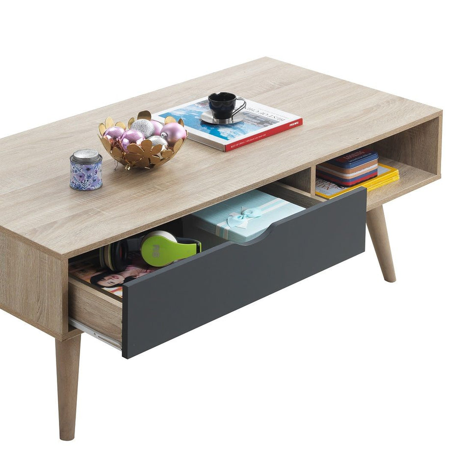 Sonoma Oak Coffee Table with 1 Drawer & 1 Shelf – Wide Tabletop Storage