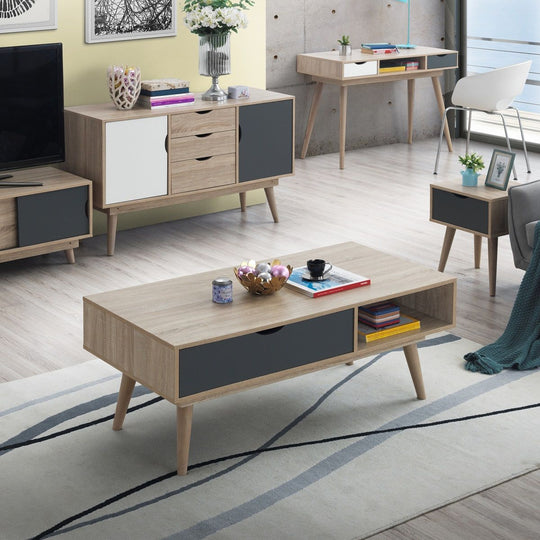 Sonoma Oak Coffee Table with 1 Drawer & 1 Shelf – Wide Tabletop Storage