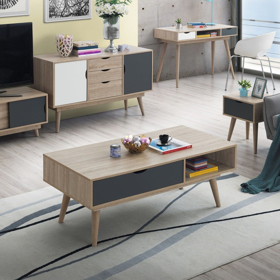 Sonoma Oak Coffee Table with 1 Drawer & 1 Shelf – Wide Tabletop Storage