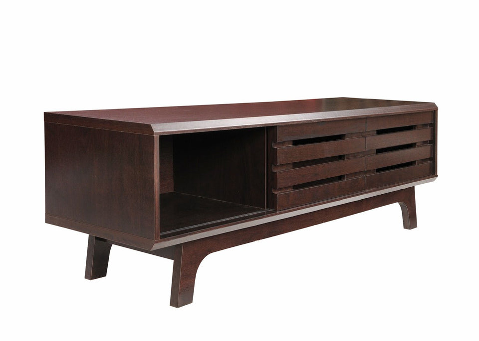 Dark Oak TV Cabinet with Sliding Doors, Drawer & Shelf – Mesa Tawny Range