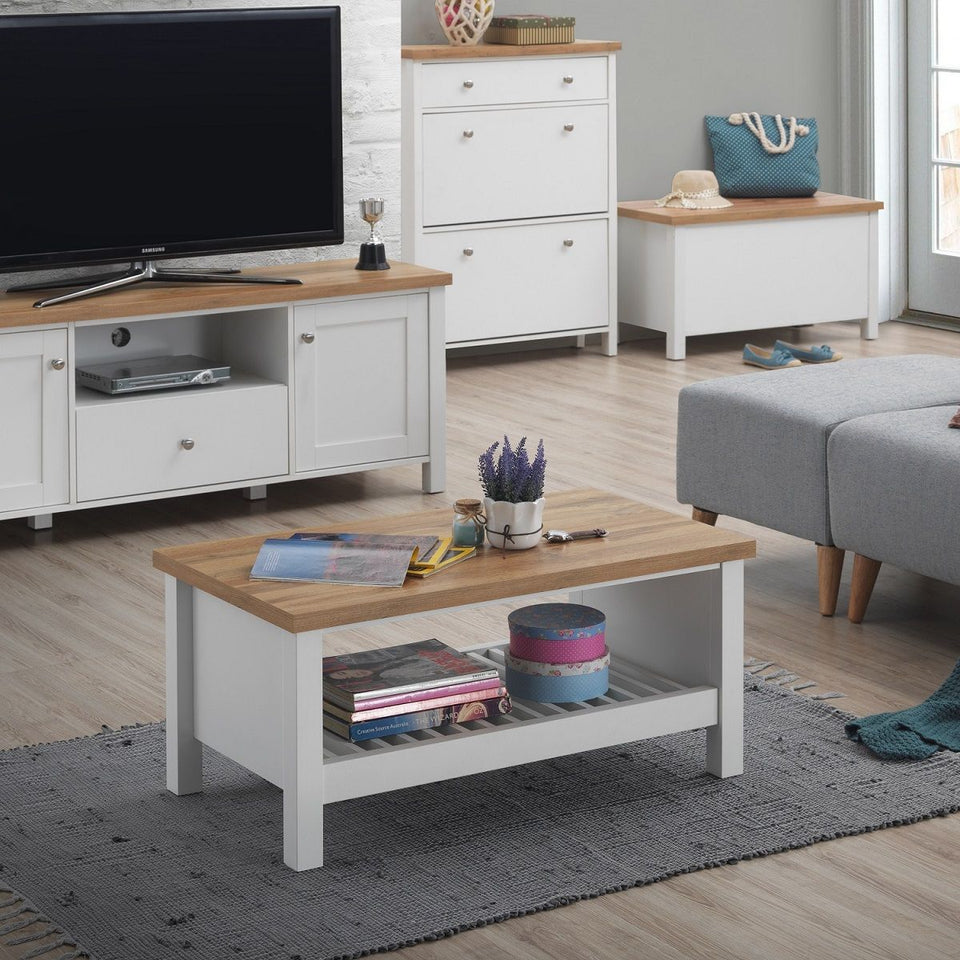 Agonmi Rectangular Coffee Table with Storage Shelf White Living Room Furniture