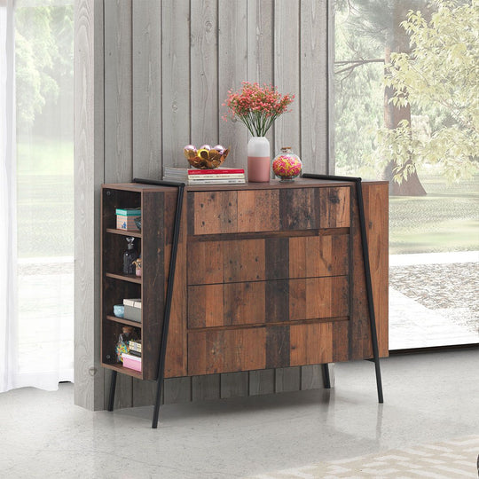4 Drawer Chest of Drawers Bedroom Storage Cabinet with Metal Frame-  Rustic