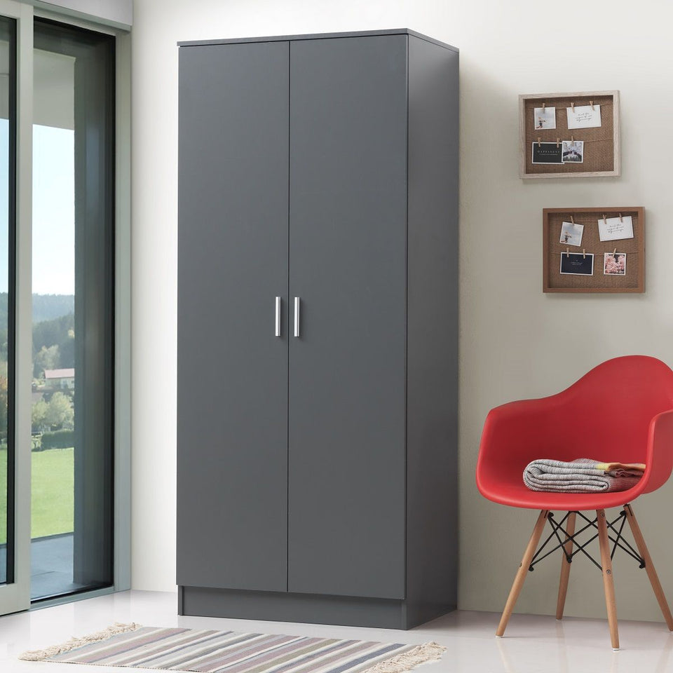 2 Door Wardrobe Storage Hanging Door Cupboard Hanging Rail and 1 interior Shelf