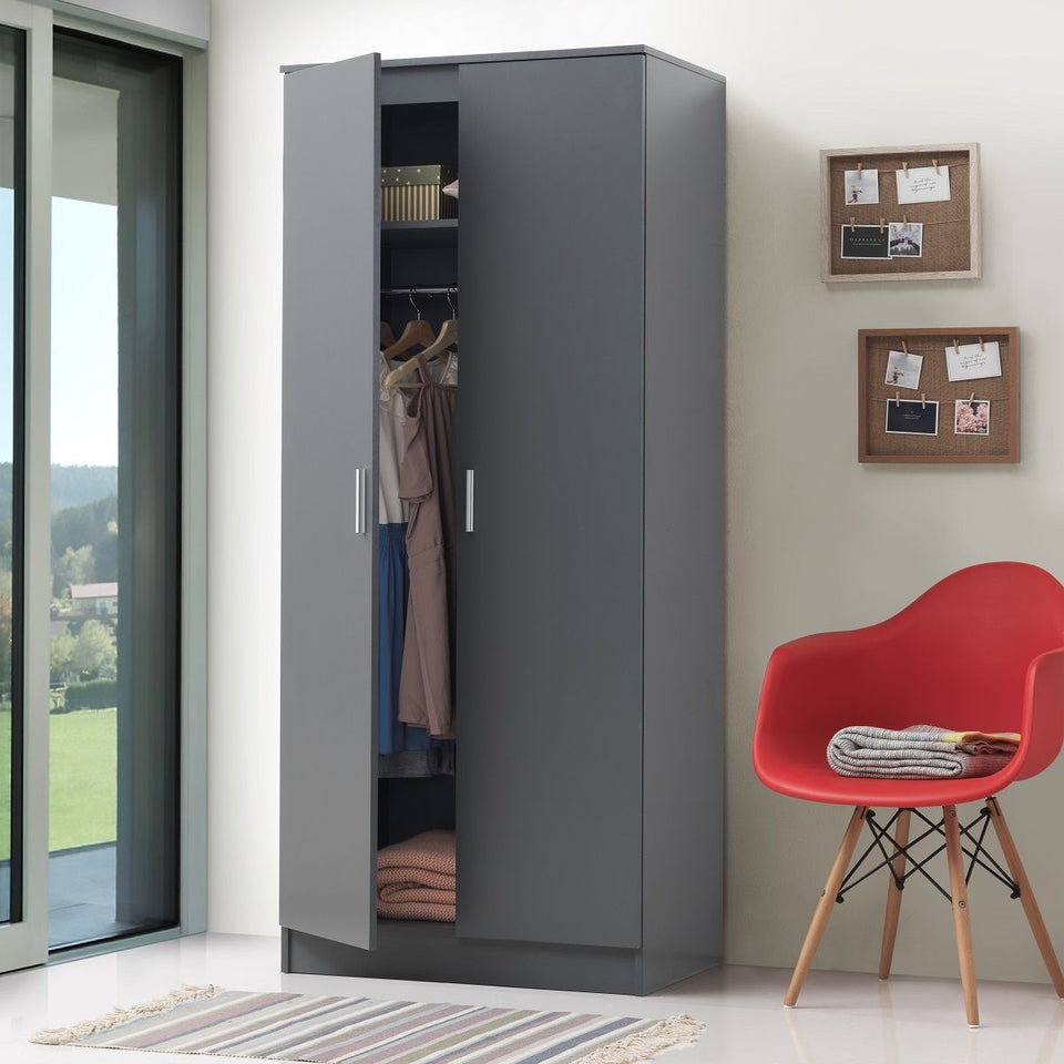 2 Door Wardrobe Storage Hanging Door Cupboard Hanging Rail and 1 interior Shelf