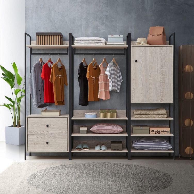 Open Wardrobe with 2 Drawers  2 Shelves – Wardrobe Storage with Hanging Space and Shelving