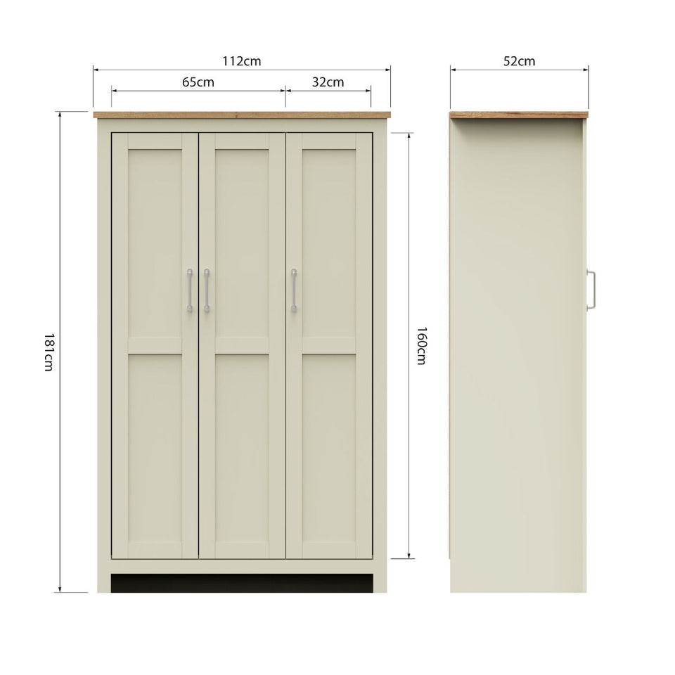 Ite 3 Door Wardrobe with Hanging Rail, Shelving, and Storage Drawers – Cream & Oak Effect