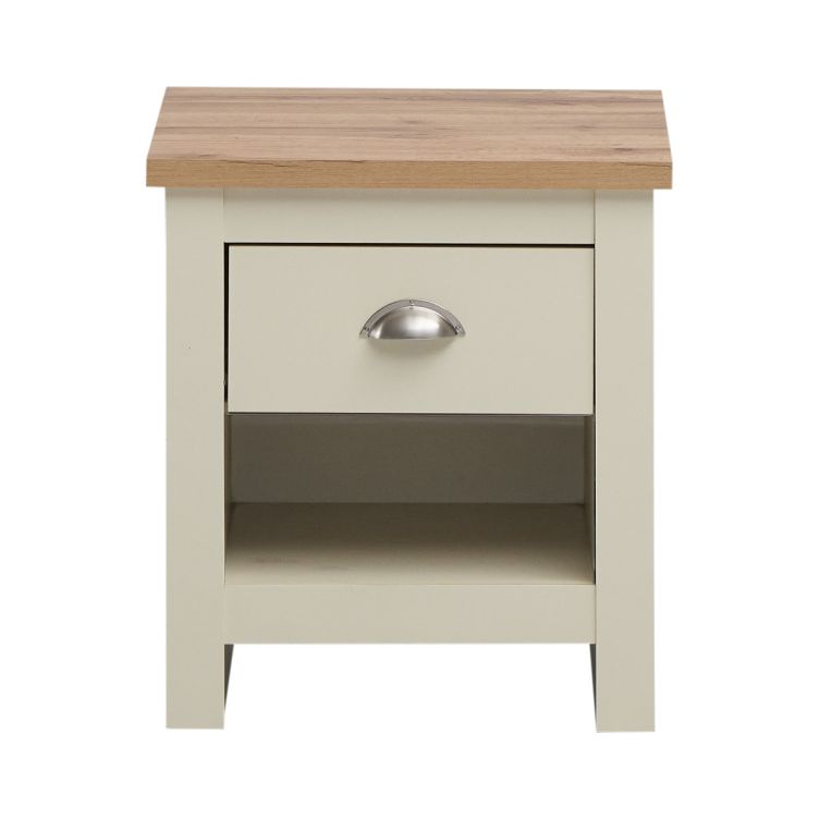 Cream Nightstand with 1 Drawer Versatile Bedside Table with Oak Effect Top & Shelf