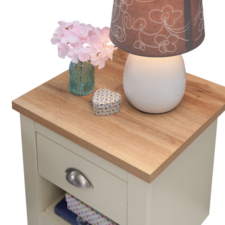 Cream Nightstand with 1 Drawer Versatile Bedside Table with Oak Effect Top & Shelf