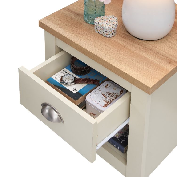 Cream Nightstand with 1 Drawer Versatile Bedside Table with Oak Effect Top & Shelf
